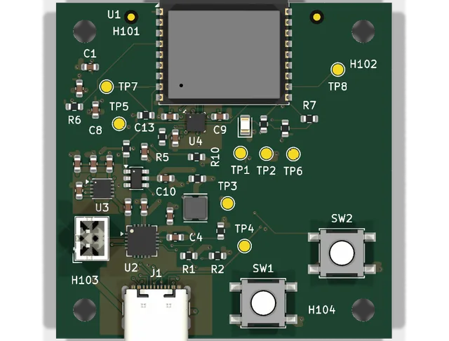 Vue de dessus de la carte ESP32-C3 sensor board with LiPo charging, rendue par KiCad
