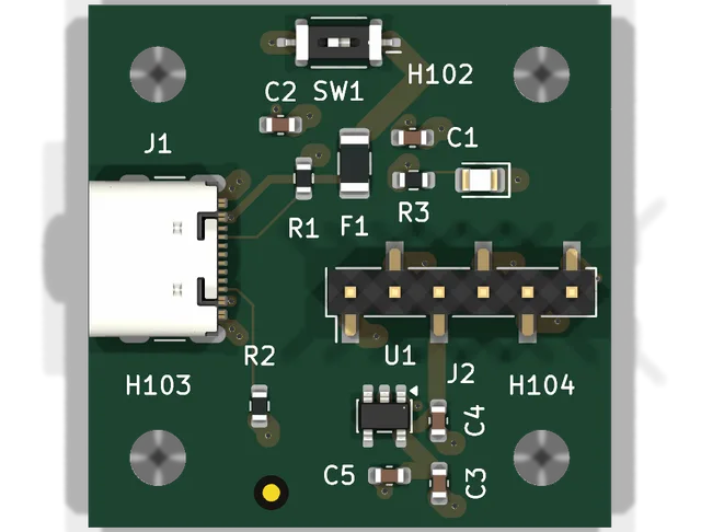 Vue de dessus de la carte Breadboard power from a phone charger, rendue par KiCad