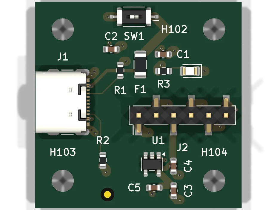 Top view of the Breadboard power from a phone charger, as KiCad renders it