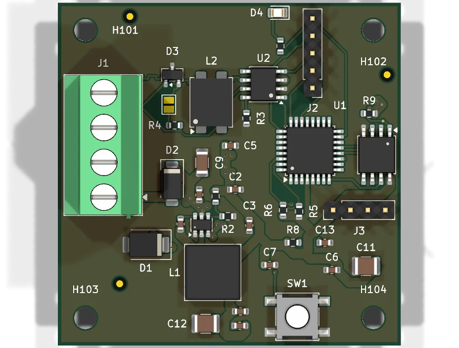 Top view of the STM32 CAN-bus sensor node, as KiCad renders it