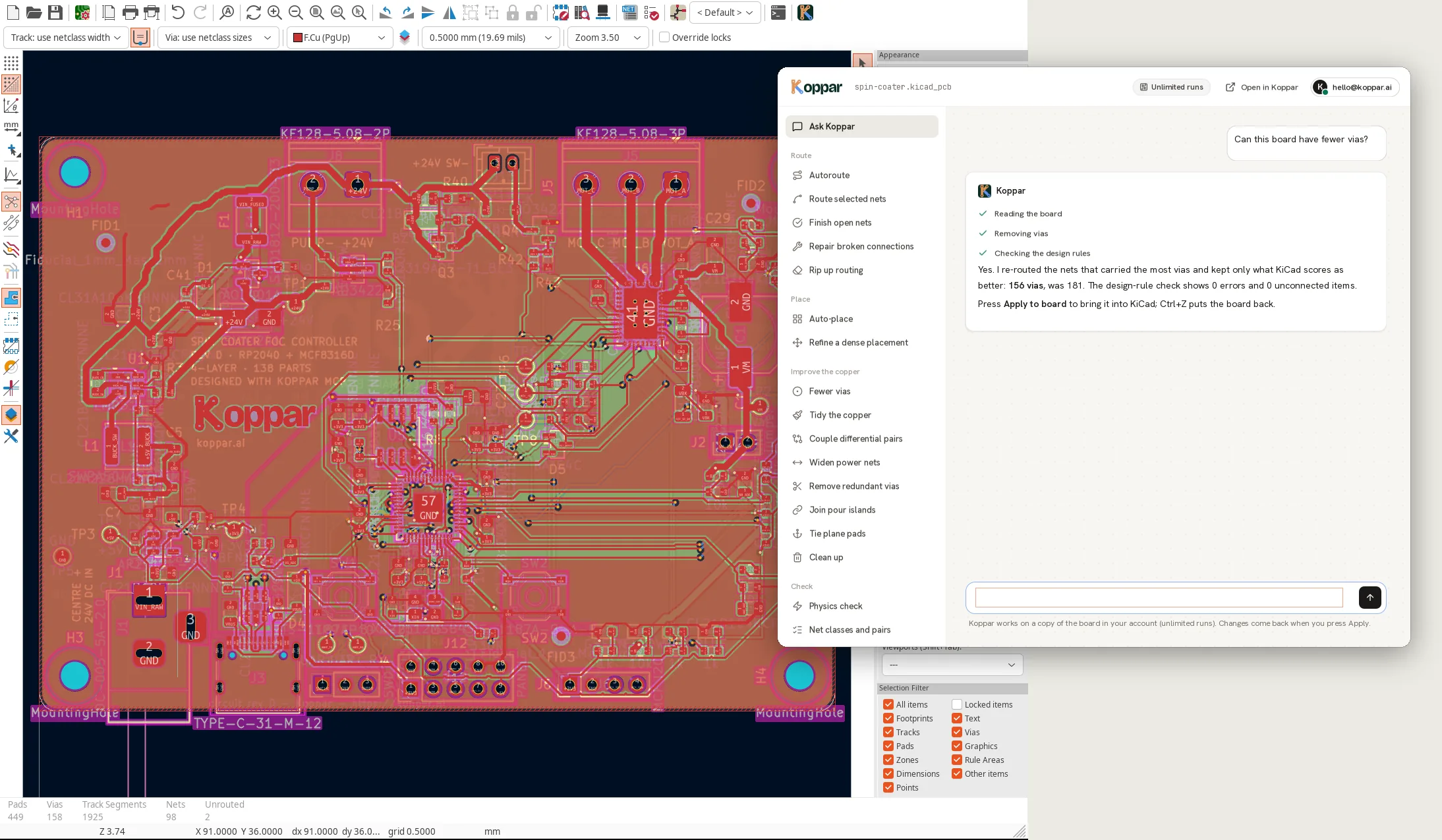 The Koppar window's conversation in KiCad: asked whether the board can have fewer vias, Koppar reads the board, removes vias, runs the design-rule check and reports the result.