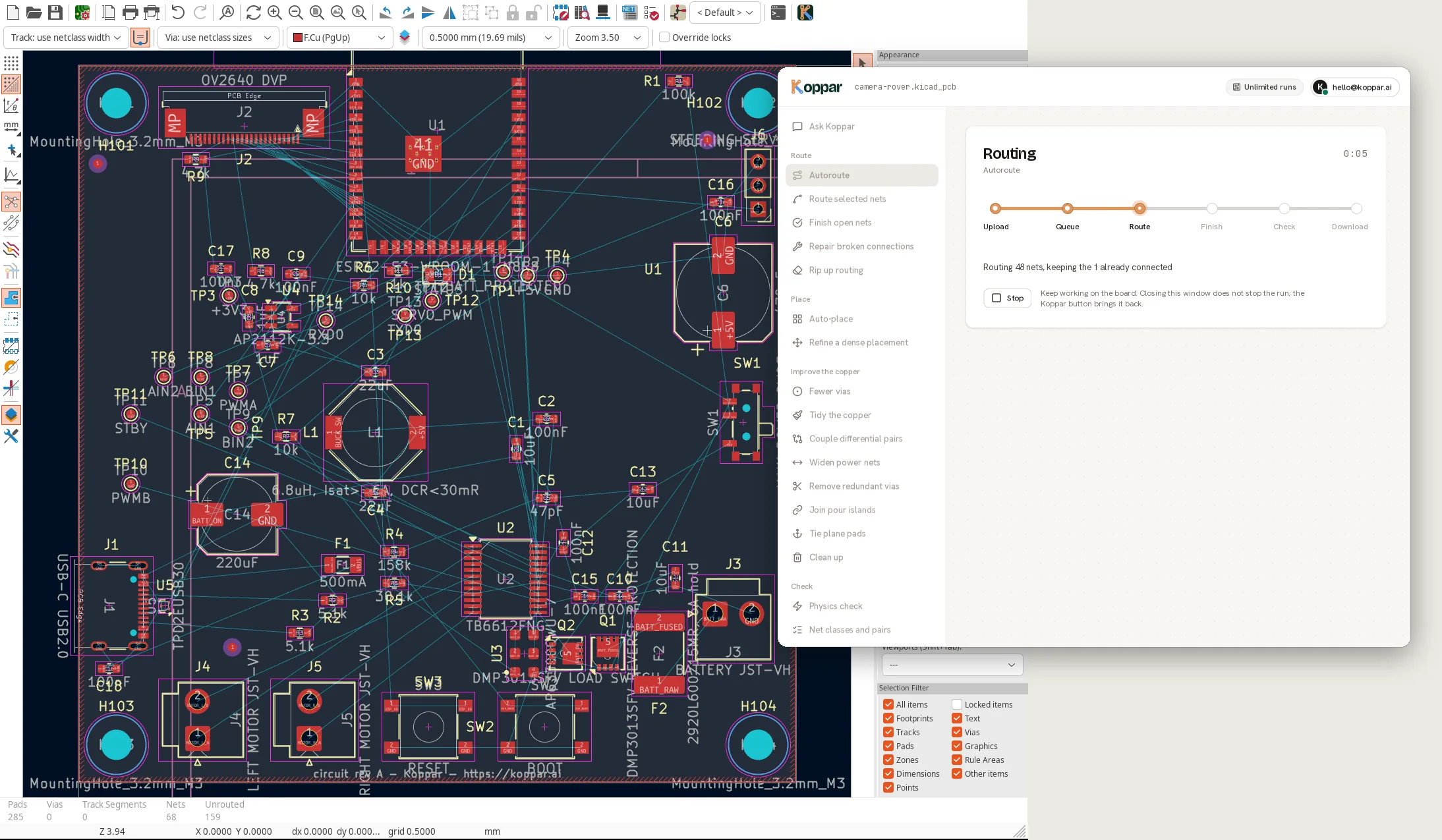 The Koppar window over KiCad while Autoroute runs, its progress drawn as a copper trace through upload, queue, route, finish, check and download.