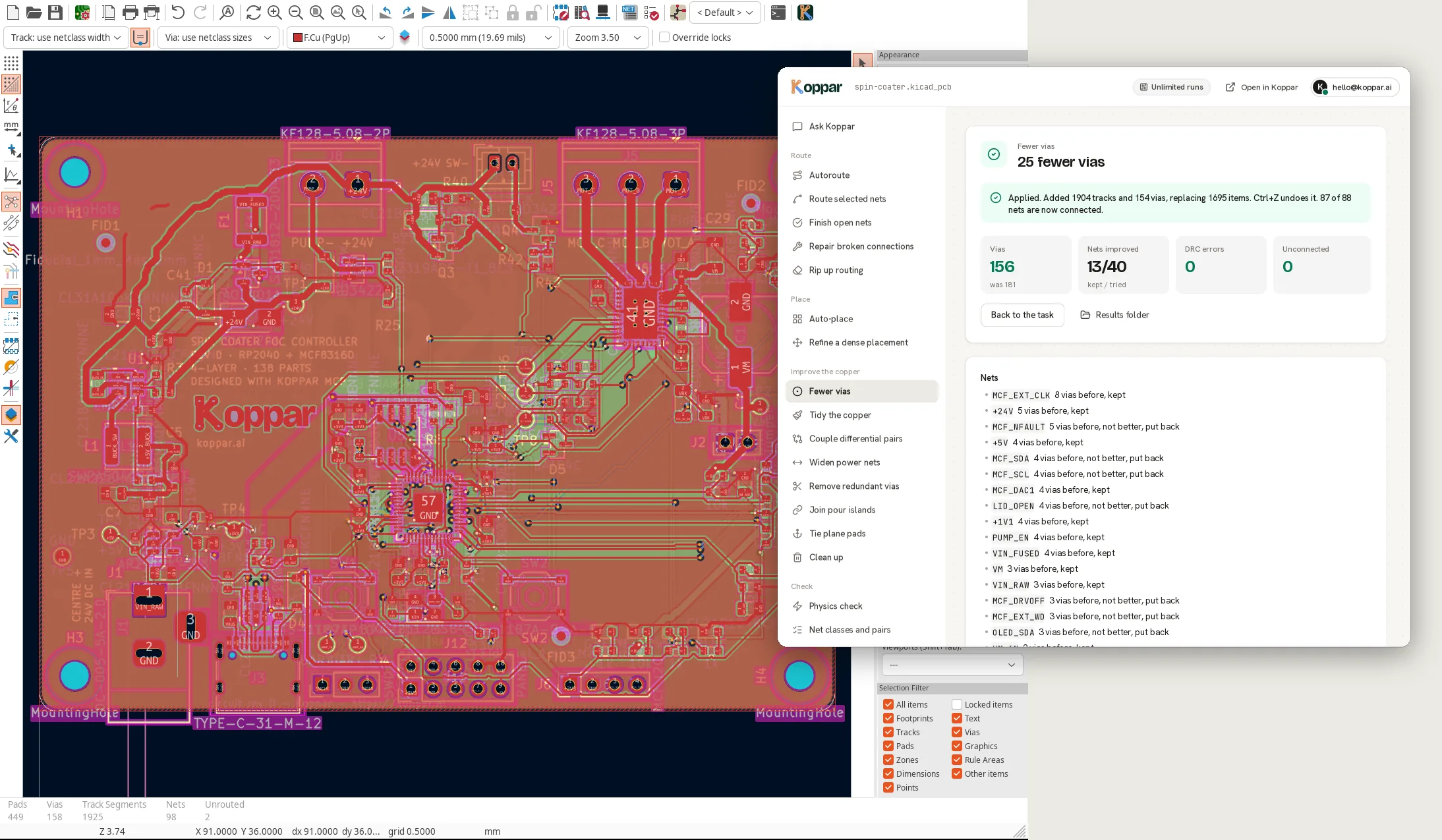 A 141-part, four-layer spin coater controller in KiCad, with the Koppar window reporting 25 fewer vias, 0 DRC errors and 0 unconnected items, applied to the board.