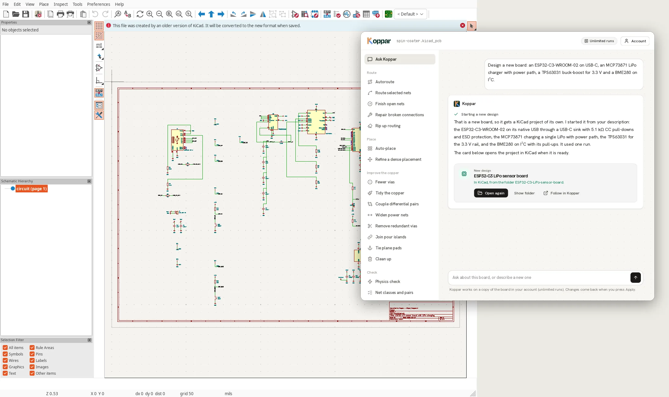 KiCad's schematic editor with an ESP32-C3 sensor board Koppar designed, beside the Koppar window's conversation that asked for it and the card that opened the project in KiCad.